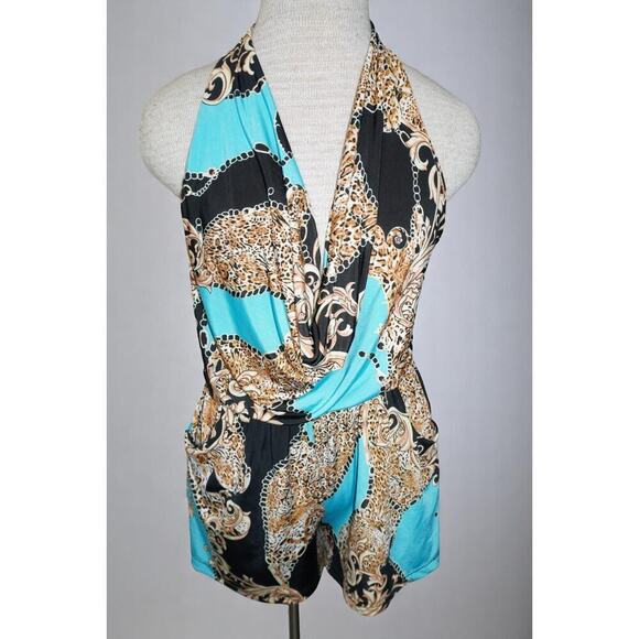Vintage Halter Romper Leopard Baroque Print Aqua Black Gold – Made in USA – Smal - Picture 2 of 7